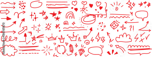 Sketch line arrow element, star, heart shape. Hand-drawn vibrant red doodle art elements including arrows, stars, and hearts for creative projects.
