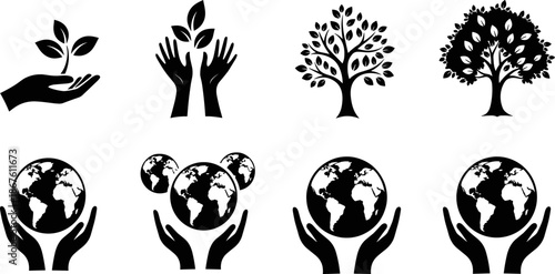 Environmental icon set, black and white line art, eco-friendly symbols, hands holding globe, tree, leaf, sustainability, conservation, nature protection
