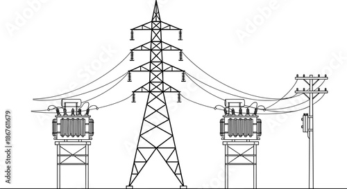   
Electrical power distribution drawing, transmission tower sketch, transformer line art, utility pole illustration, energy infrastructure, circuit breaker, high voltage system, engineering diagram