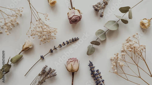 dried flowers and leaves on white surface