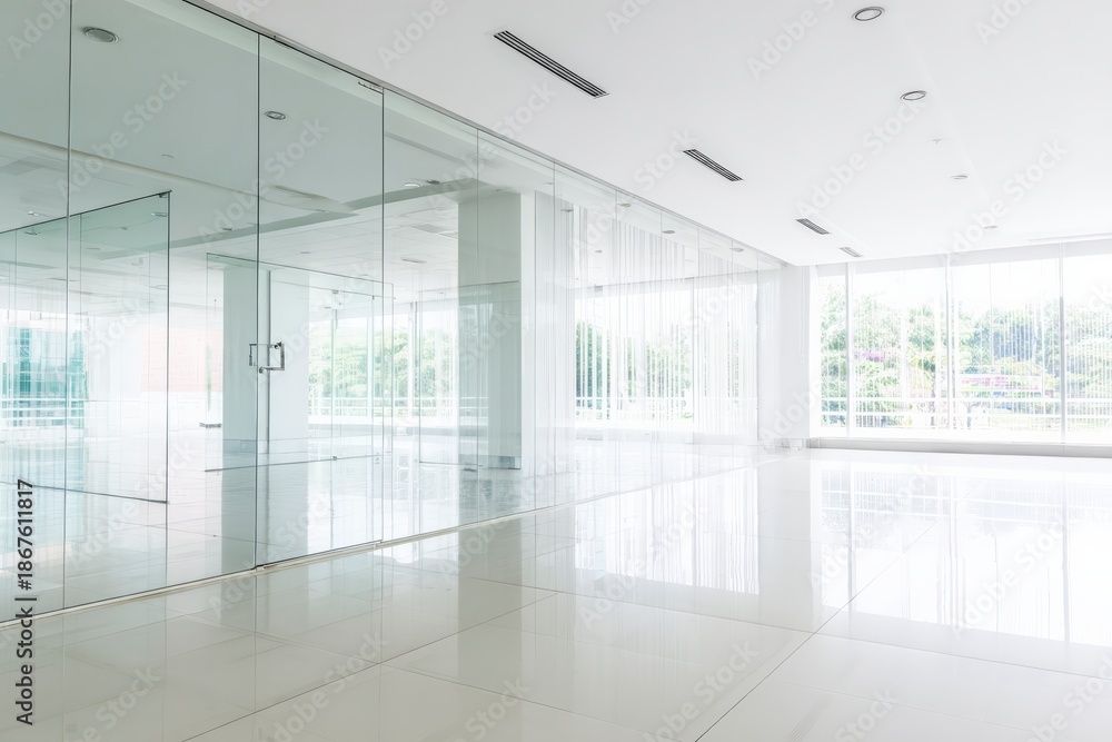Fototapeta premium Modern office space with glass walls and bright natural light, ideal for innovative businesses seeking a contemporary, productive environment.