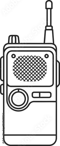 A black and white illustration of a handheld two way radio isolated on transparent background
