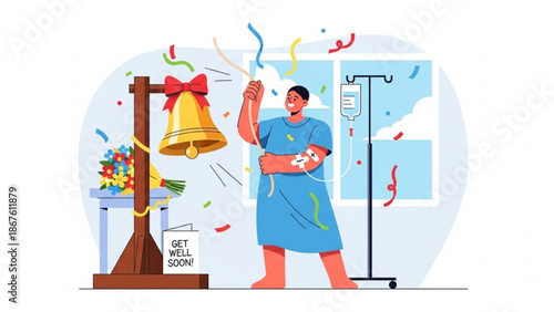 A cheerful hospital patient ringing a gold bell with a red bow surrounded by colorful confetti and a get