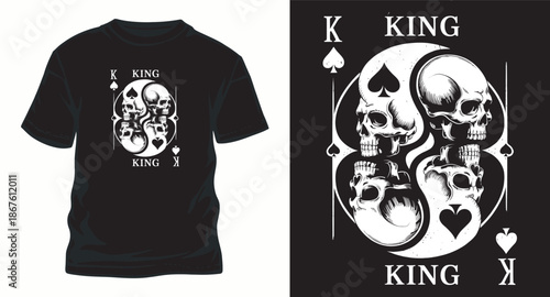 King playing card design with human skulls and spades for poker or t-shirt design