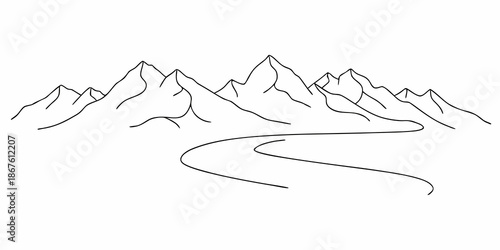 Minimalist line drawing of a mountain range with a winding river below