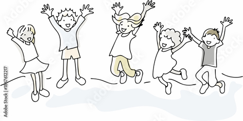 Joyful children leaping with excitement and raised hands in a playful scene