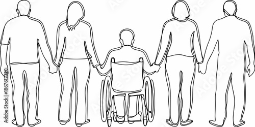 A group of people including a wheelchair user holding hands together