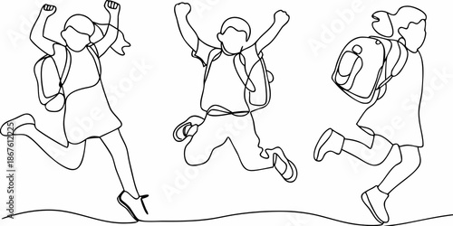 Joyful children leaping with excitement a continuous line drawing illustration