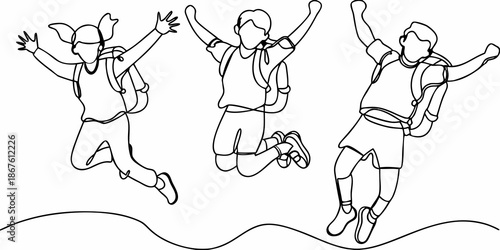 Joyful children leaping with arms raised in a continuous line drawing style