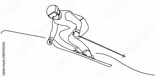 A single line drawing depicts a skier in dynamic downhill motion