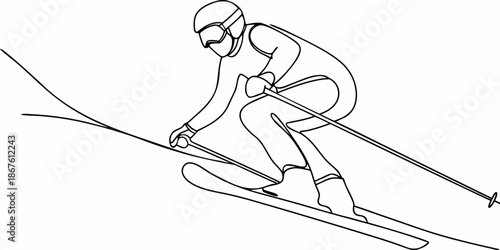 A dynamic line drawing depicts a skier in mid action on snowy slopes