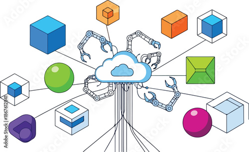 Cloud computing automation with robotic arms connecting to various data blocks and spheres illustrating modern technology infrastructure and data management.