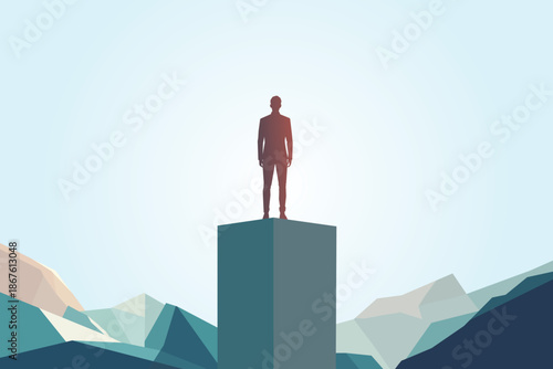 Minimalist geometric illustration of a triumphant figure standing on a towering pedestal, symbolizing achievement, success, and visionary leadership at the peak of a stylized low poly landscape