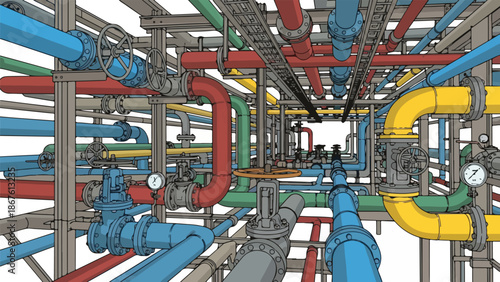 Complex network of colorful industrial pipes and valves.