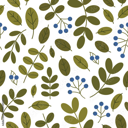 Seamless Leaf Pattern: An attractive repeating pattern of green leaves and blue berries, perfect for creating a refreshing design. 