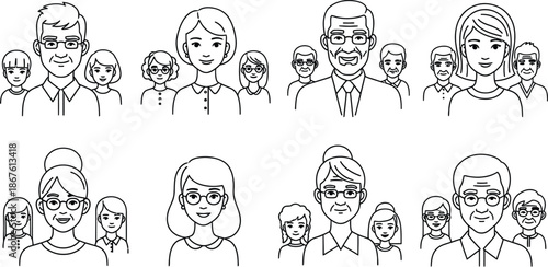 Outline illustration set of 6 crowd profiles men women children elderly diverse heads and shoulders