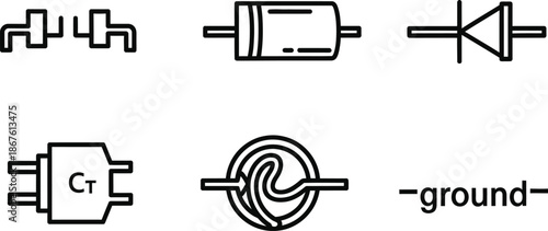 Outline illustration set of 6 electronic circuit symbols resistor capacitor diode transistor inductor and ground