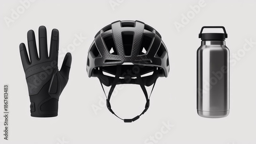 Professional studio product shot of black cycling glove, aerodynamic ventilated helmet, and stainless steel water bottle on white background, clean lighting, sharp focus, commercial stock style.