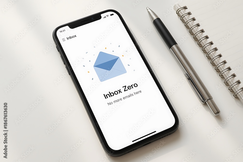 Fototapeta premium Inbox Zero on Smartphone Screen with Pen and Notebook