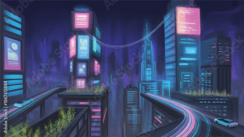 futuristic cityscape with sleek skyscrapers and neon lights at night