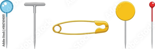 Set of 5 sewing pins flat illustration glass head pin t-pin safety pin quilting pin and dressmaker pin solid metallic