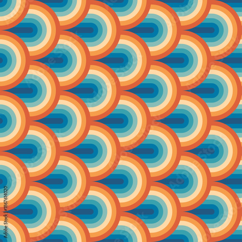 Seamless retro rainbow arch pattern with repeating curved shapes creating colorful abstract background for textile, fabric, fashion, packaging, wallpaper and playful surface design