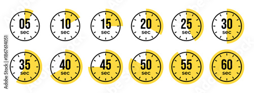 Second Timer, clock, stopwatch, Countdown timer, cooking time icon set. 5, 10, 15, 20, 25, 30, 35, 40, 45, 50, 55, 60 second dial. Blue color isolated set, symbol. Vector illustration