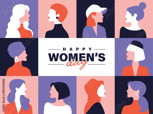 Set of International Women’s Day poster, greeting card, invitation card, cover, sale promotion, pattern background with diverse women portraits, colorful panels and modern typography design.