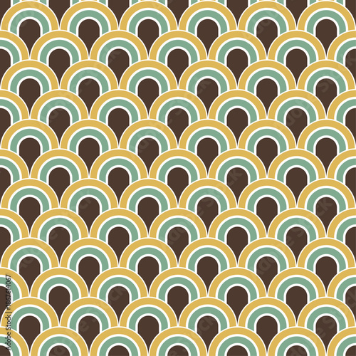 Seamless retro rainbow arch pattern with dense repeating curved shapes creating colorful abstract background for textile, fabric, fashion, packaging, wallpaper and playful surface design