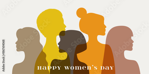 Set of International Women’s Day poster, greeting card, invitation card, cover, sale promotion, pattern background with layered women silhouettes, warm tones and clean typography design.