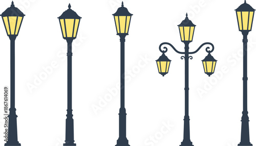 Set of 5 street lamp styles flat illustration victorian gas lamp modern led street light park globe lamp and lantern