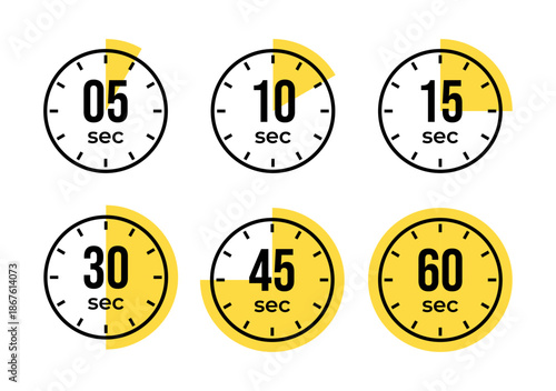Second Timer, clock, stopwatch, Countdown timer, cooking time icon set. 5, 10, 15, 30, 45, 60 second dial. Yellow color isolated set, symbol. Vector illustration