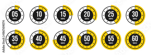 Second Timer, clock, stopwatch, Countdown timer, cooking time icon set. 5, 10, 15, 20, 25, 30, 35, 40, 45, 50, 55, 60 second dial. Blue color isolated set, symbol. Vector illustration