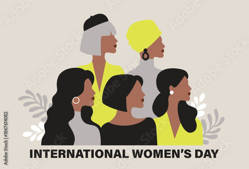 Set of International Women’s Day poster, greeting card, invitation card, cover, sale promotion, pattern background with women side profiles, minimal shapes, neutral colors and typography design.