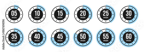 Minute Timer, clock, stopwatch, Countdown timer, cooking time icon set. 0, 5, 10, 15, 20, 25, 30, 35, 40, 45, 50, 55, 60 minute dial. Blue color isolated set, symbol. Vector illustration