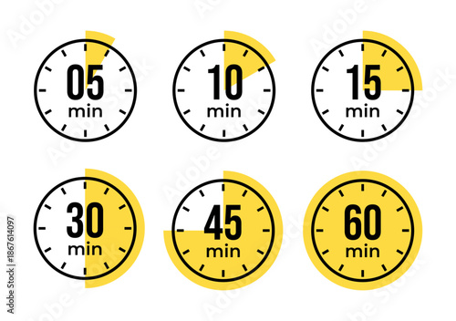 Minute Timer, clock, stopwatch, Countdown timer, cooking time icon set. 0, 5, 10, 15, 20, 25, 30, 35, 40, 45, 50, 55, 60 minute dial. Blue color isolated set, symbol. Vector illustration