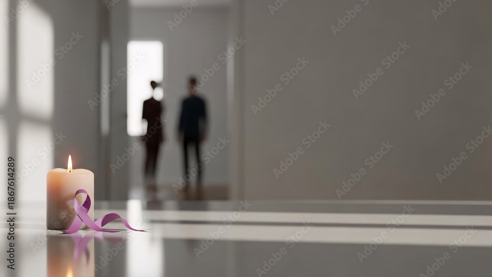 Fototapeta premium Candle with pink ribbon on floor, couple in background