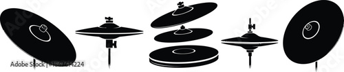 Silhouette vector set of 5 drum kit cymbals crash ride hi-hat splash and china cymbal profiles