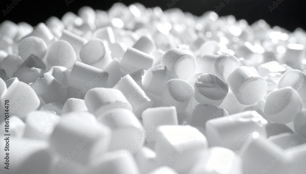 Fototapeta premium Close-up of white polymer granules, the raw material for plastic manufacturing. These recycled pellets represent sustainability and the circular economy in modern industry, isolated on a black bg.