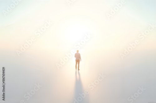 Man Walking Towards Bright Light on White Landscape
