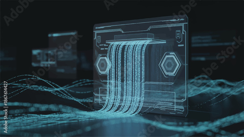 Futuristic digital data transfer and processing on computer screen interface