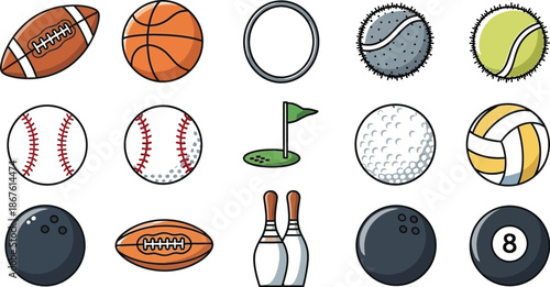 Collection of various sports balls and equipment on a white background