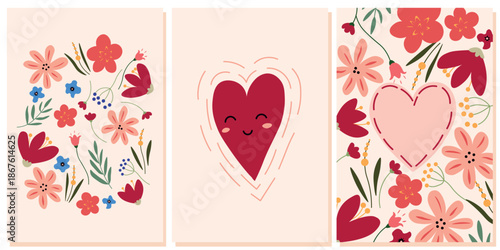 Set of romantic Valentine’s Day posters with flowers and heart illustrations in soft pink and red tones. Flat vector design suitable for love cards, holiday decorations, social media, invitations