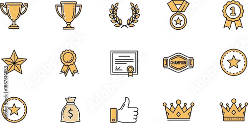 Collection of golden icons representing achievement, success, and rewards.