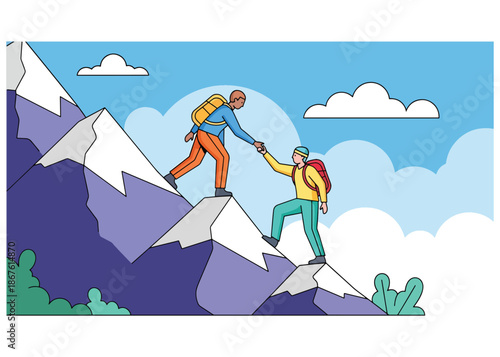 Hiker Helping Friends on Mountaintop Vector Illustration – Teamwork, Motivation and Adventure