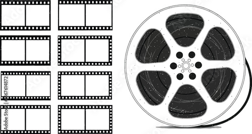 Vintage film reel and blank film strips symbolize cinema and storytelling creation.