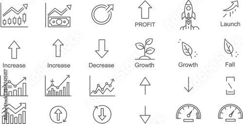 Collection of line icons representing financial growth and decline concepts.