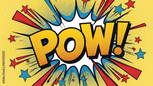 Pow comic style text effect with halftone pattern and stars. Pop art comic background for a burst of energy and excitement.