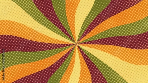 Colorful sunburst radial halftone pattern with dots. Pop art comic background and abstract graphic vintage design for retro poster wallpaper.