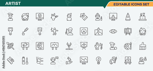 Artist icon set. Trendy minimal icons. Editable stroke. Vector illustration. Exhibit simple icon set. Pack of video, exhibit, art, culture and more.